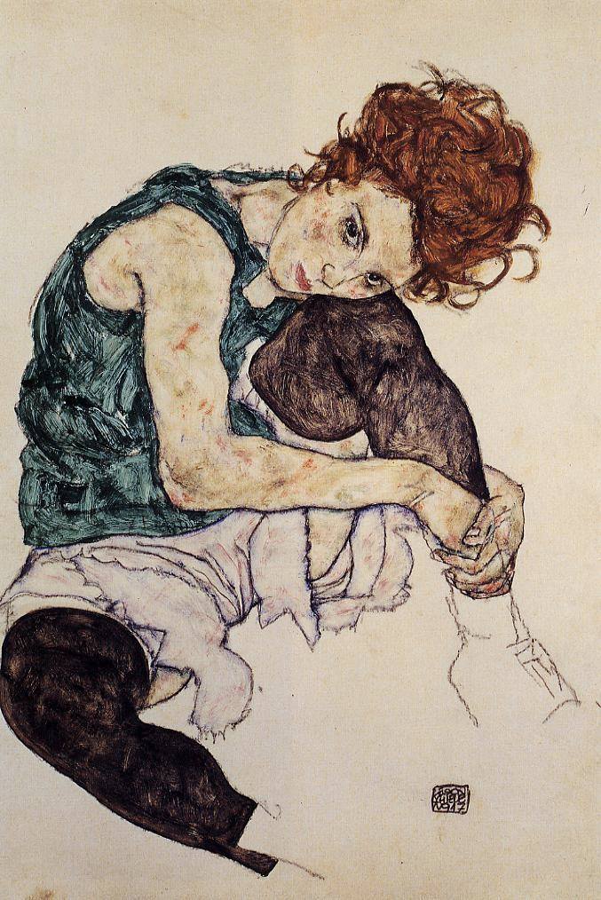 Egon Schiele-Seated women with bent knee,1917 (Although Egon was an apprentice of Gustav Klimt he took a different approach with his art,he was quit controversial at his time for his nud